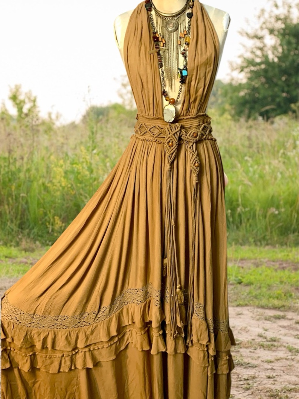 Free People Santa Maria Bohemian Flowy Tiered Halter Maxi Dress Taupe brown- S